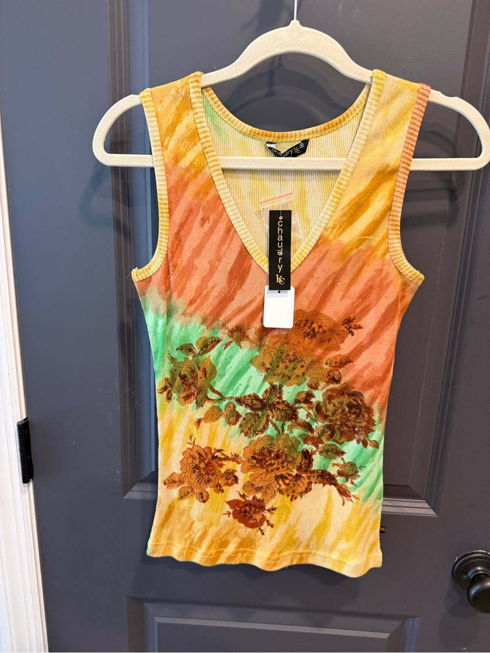 ChaudryK Multicolor Floral Tie-Dye Ribbed Tank - Yellow/Orange/Green